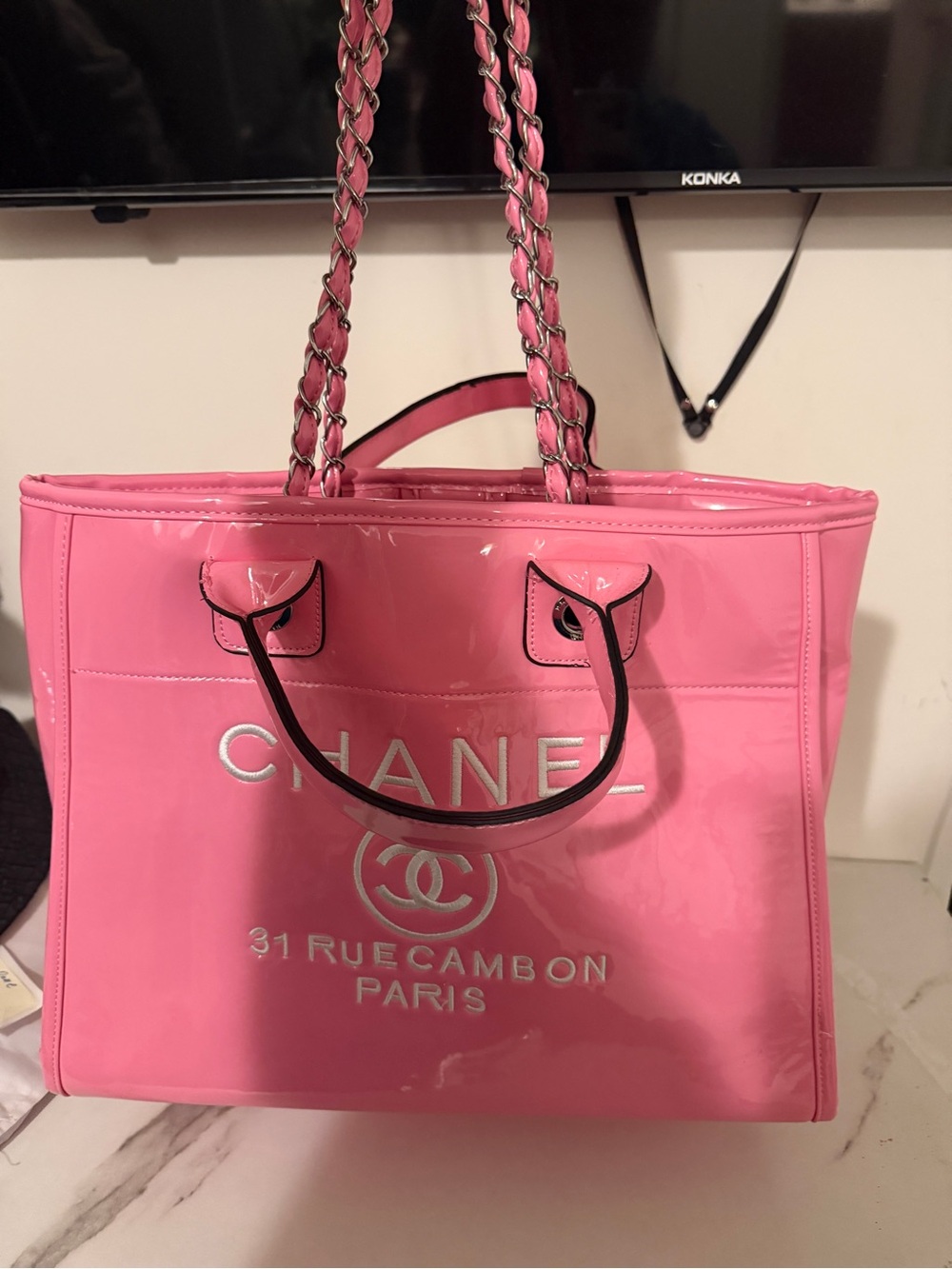 Patent Pink Chain-Handle Tote